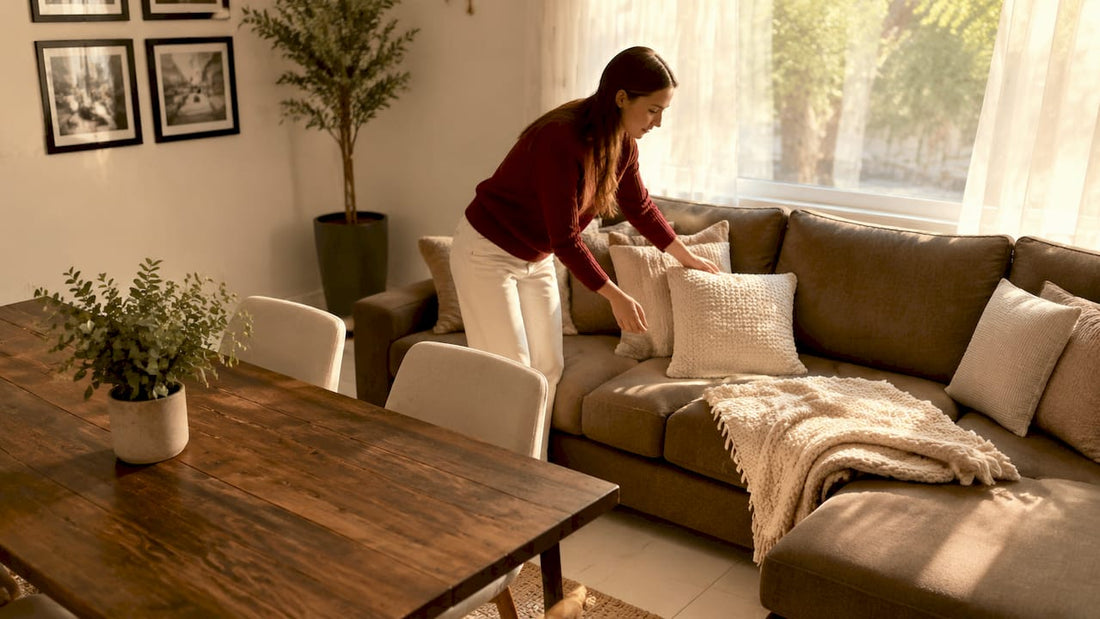 Woman arranging living room accent pillows