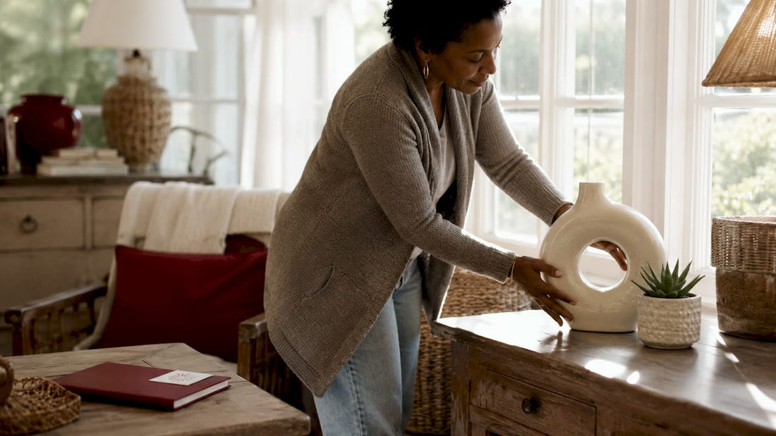 Woman placing sculptural decor on coffee table