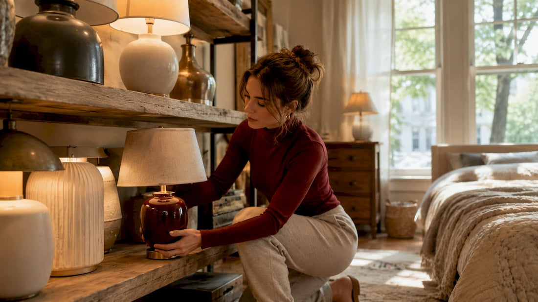 Woman arranging diverse bedroom lamps