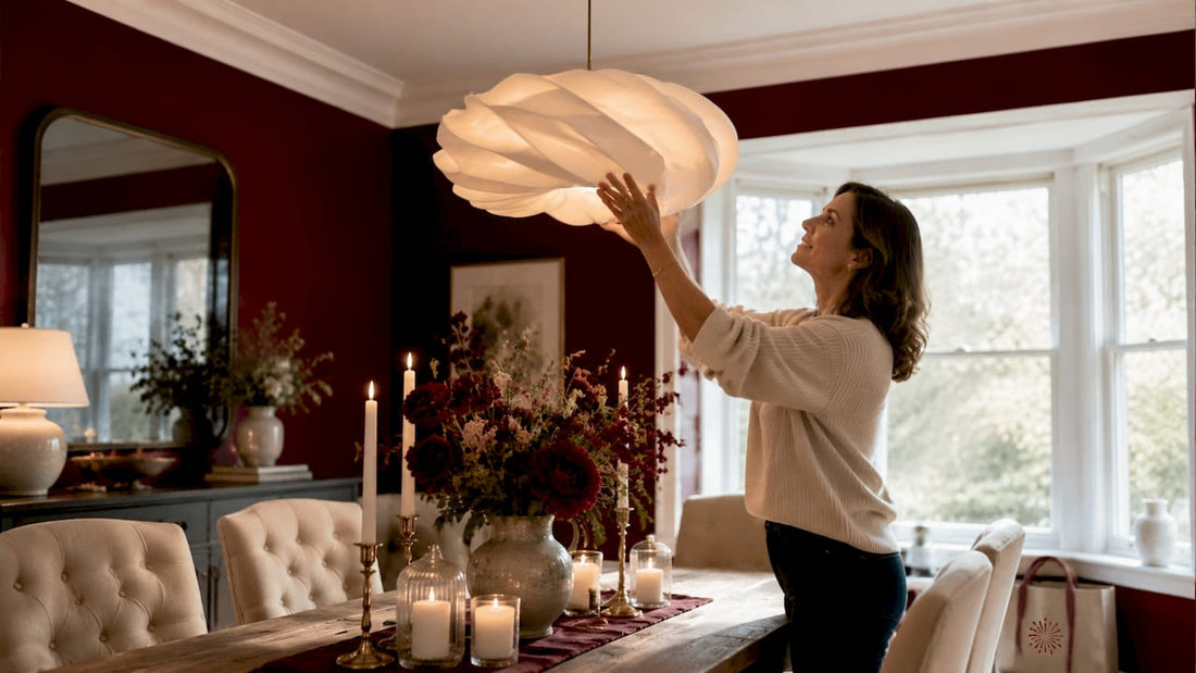 Woman adjusting luxury chandelier in living room