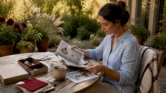 Homeowner reviewing decorative lighting catalogs at table