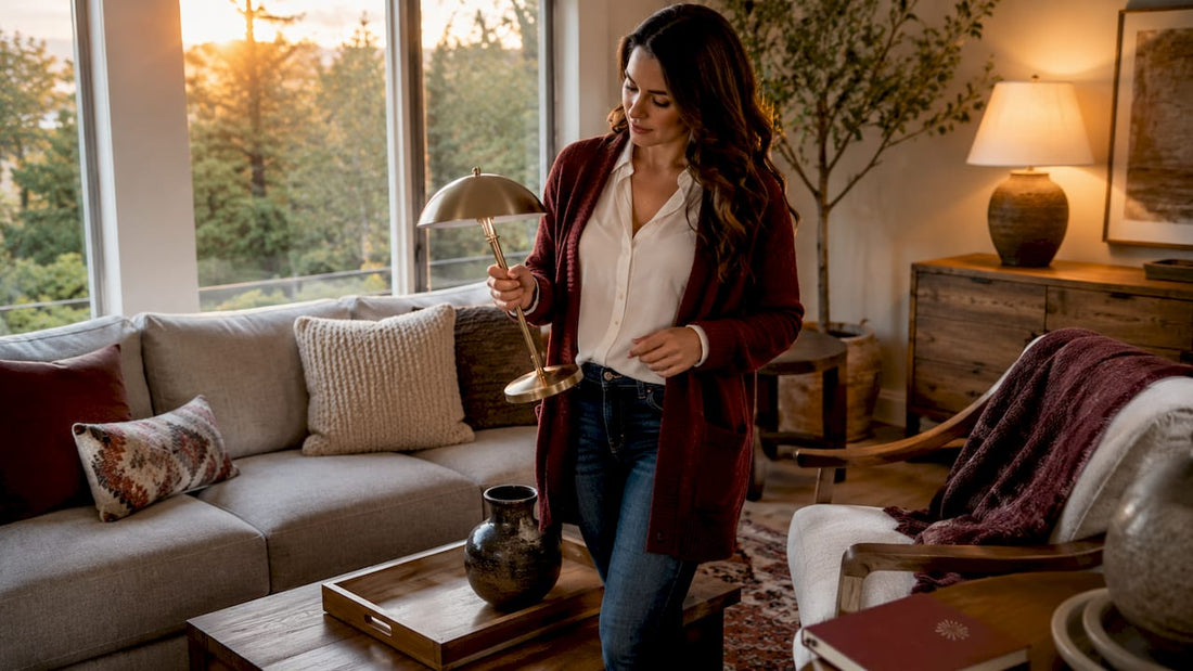 Interior designer reviewing lamp and furniture coordination