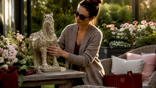 Woman arranging decorative statue in living room