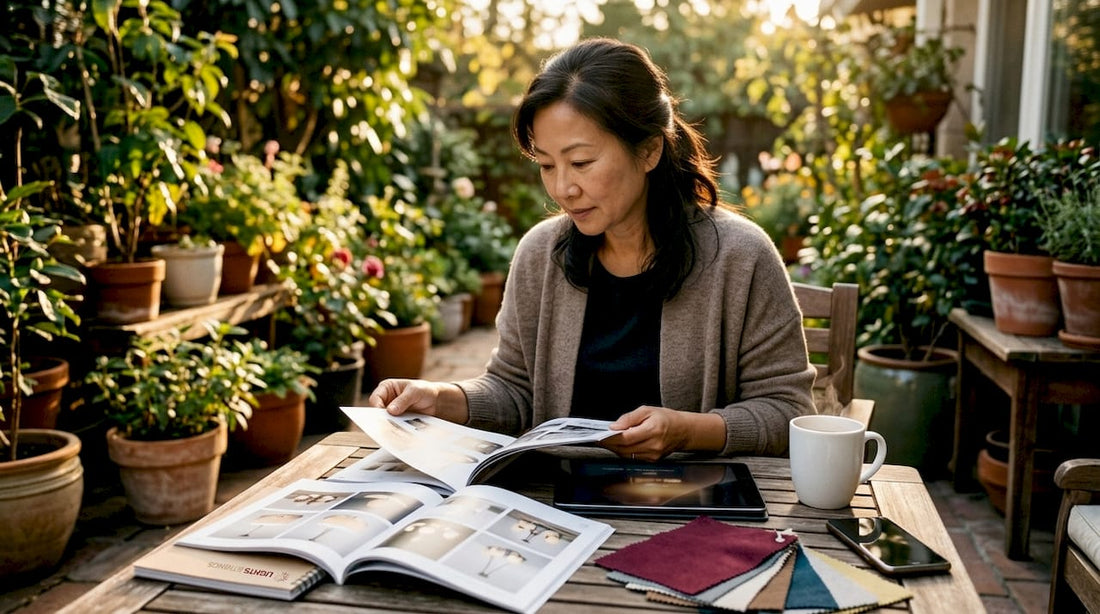 Woman comparing home lighting catalogs at table
