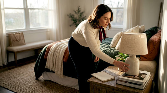 Woman positioning premium lamp on bedside table