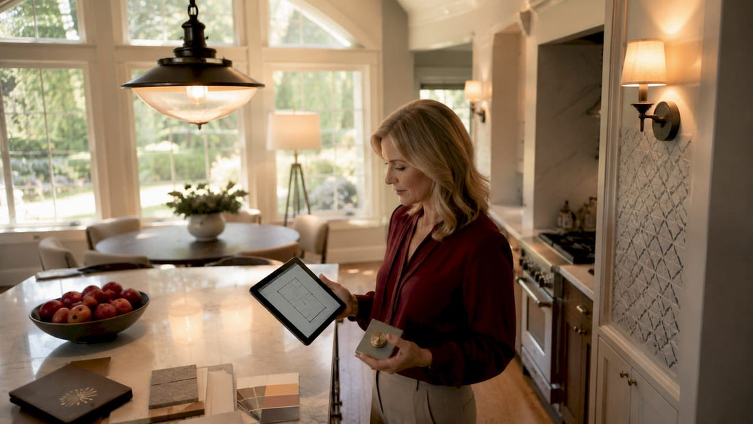 Interior designer assessing living room layered lighting