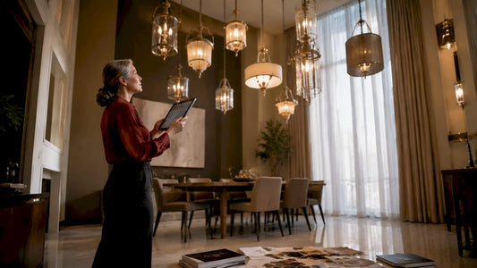 Designer evaluating pendant lighting for high ceilings
