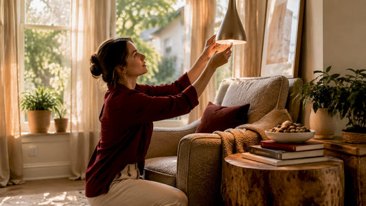 Woman arranging modern pendant lamp in bright living room