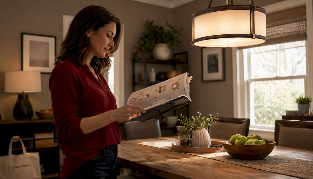 Woman reviewing ceiling light catalog in living room