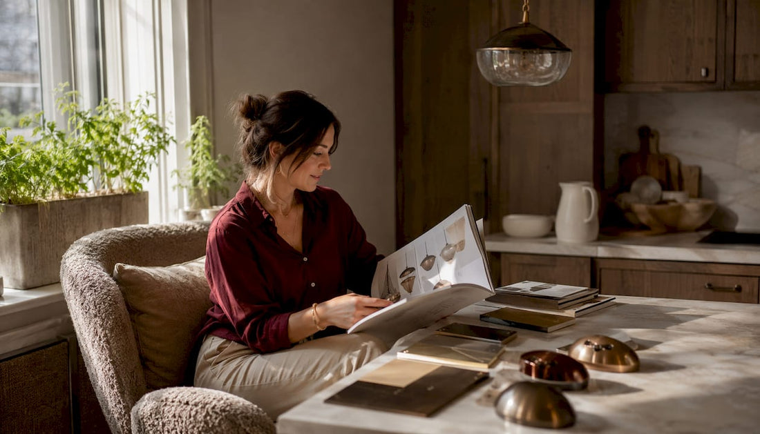 Woman selecting home lighting from catalog
