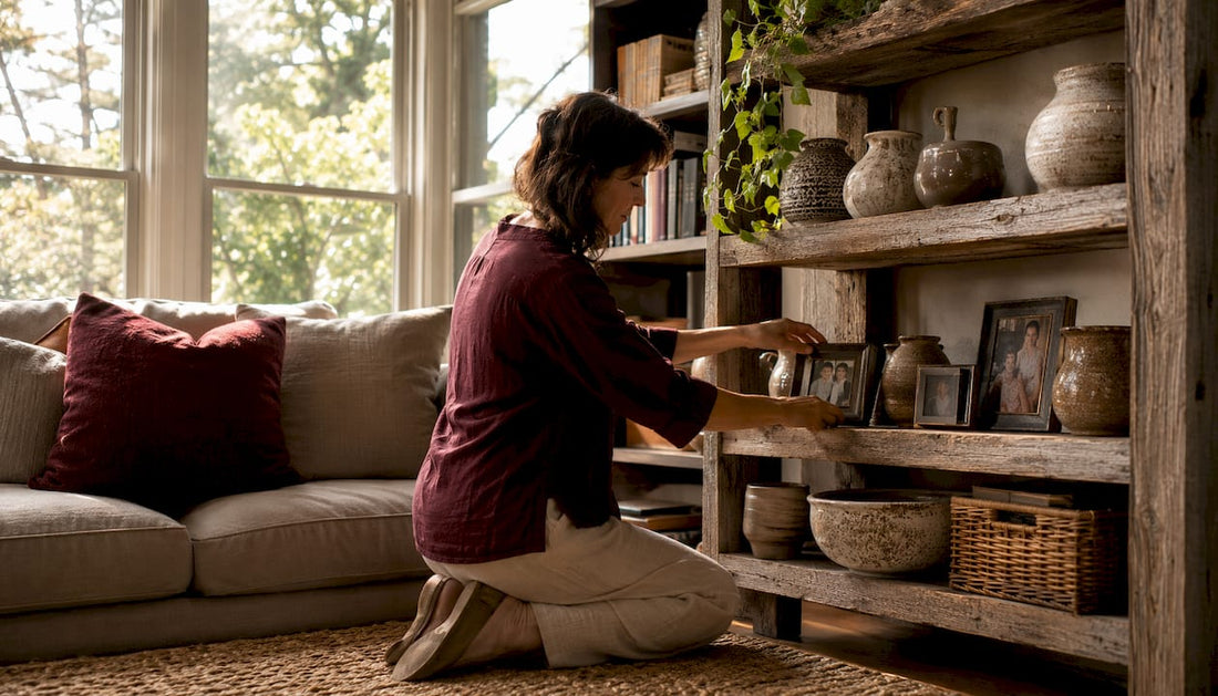 Woman arranging personal decor on shelf