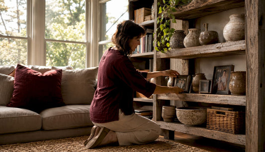 Woman arranging personal decor on shelf