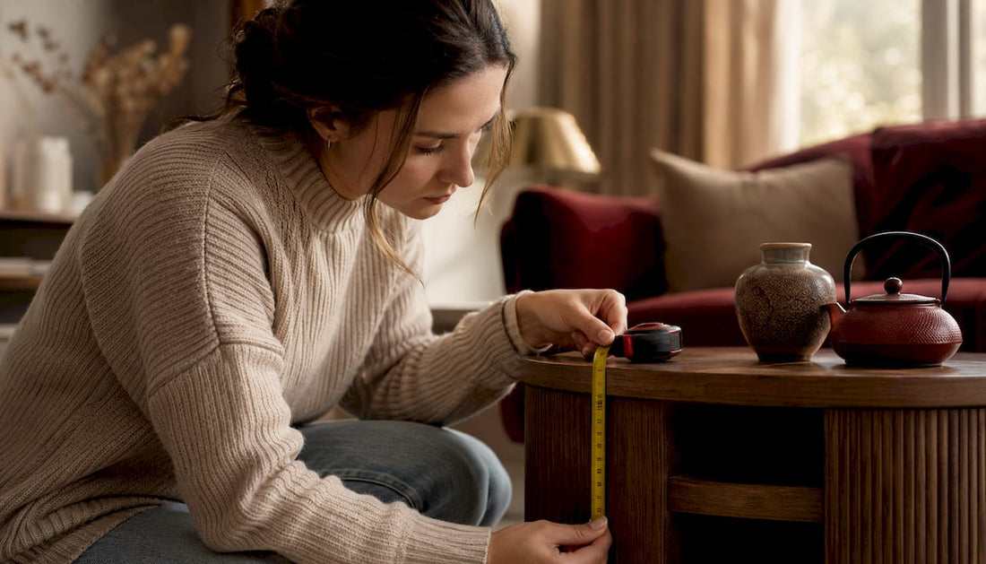Woman measuring height of side table indoors