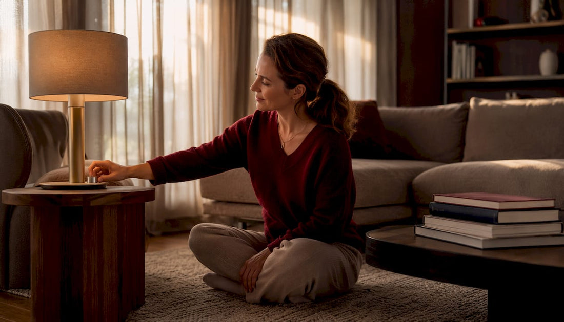 Woman adjusting dimmer switch in living room