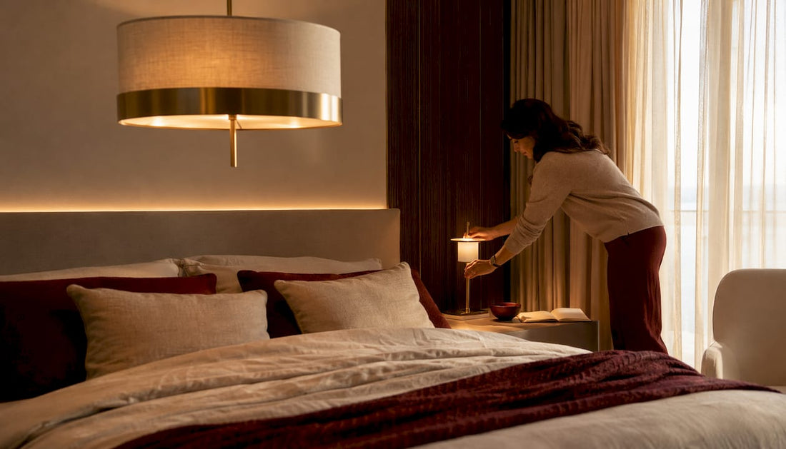 Luxury bedroom with chandelier and dimmable lighting