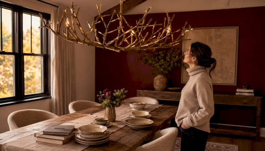 Modern living room with brass sculptural ceiling fixture