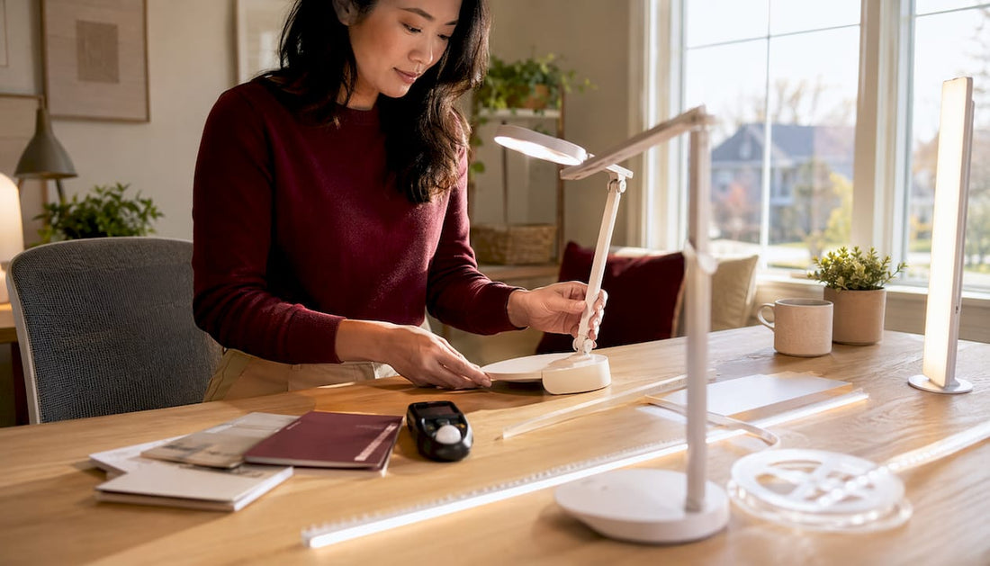 Woman adjusting home office lighting setup