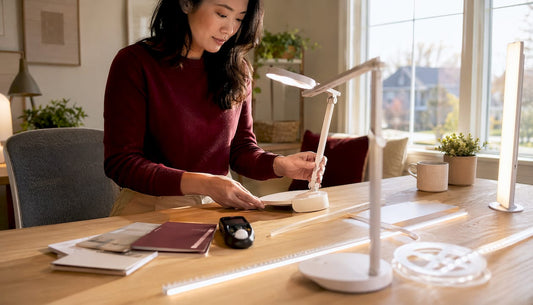 Woman adjusting home office lighting setup