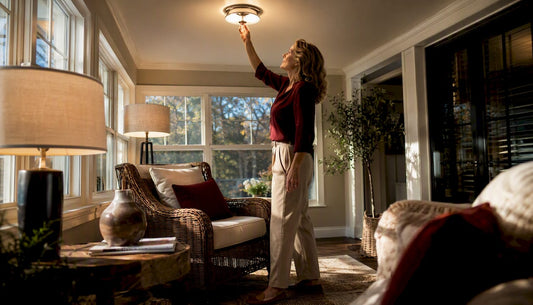 Woman adjusting dimmable overhead light in living room