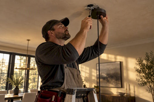 Electrician securing pendant light ceiling hardware