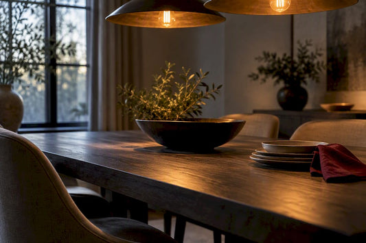 Industrial pendant details over a refined dining room