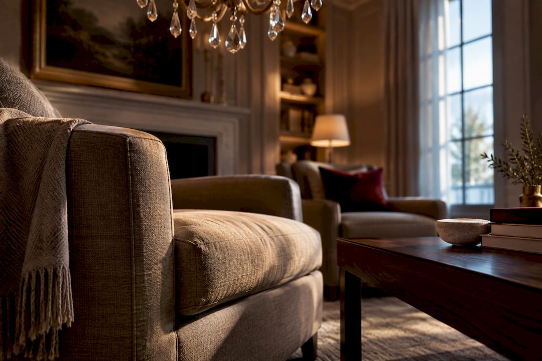 Partial chandelier glowing in elegant interior