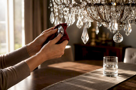 Hands wiping mounted chandelier crystals