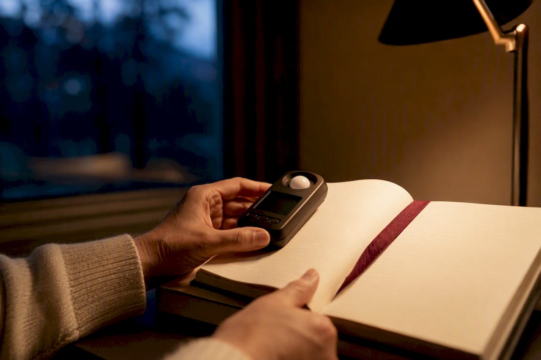 Lux meter measuring light on reading page