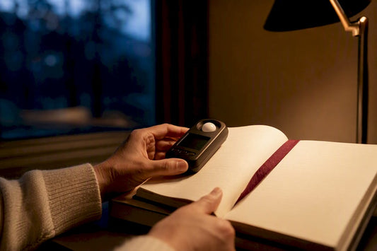 Lux meter measuring light on reading page