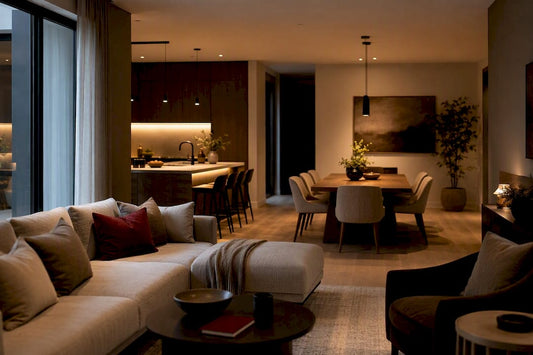 Open concept home with layered warm lighting
