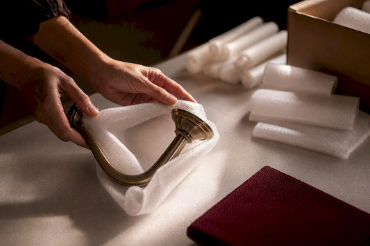 Hands cushioning chandelier parts for shipping