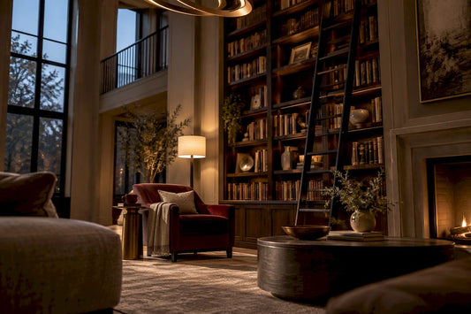 Layered statement lighting in elegant library