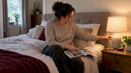 Bedside lamp lighting a homeowner's reading