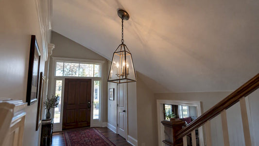 Pendant hanging straight from a vaulted ceiling