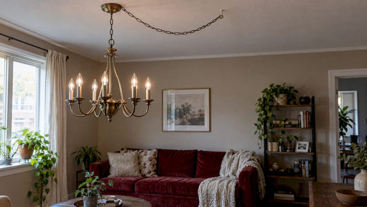Swagged chandelier and chain routed over ceiling hook