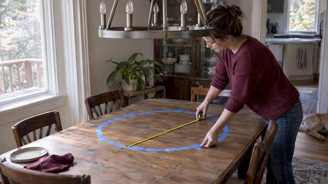 Chandelier diameter mocked up on a dining table
