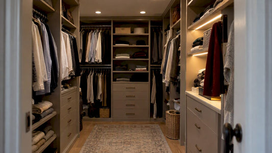 Walk-in closet with layered shelf lighting