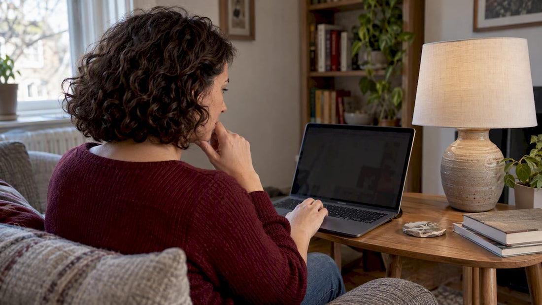 Shopper comparing a table lamp with her laptop