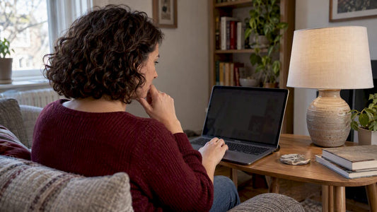 Shopper comparing a table lamp with her laptop