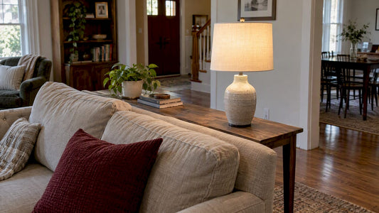 Table lamp behind sofa in living room