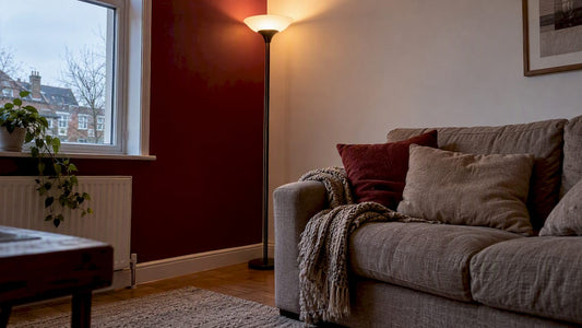 Torchiere brightening a narrow room corner