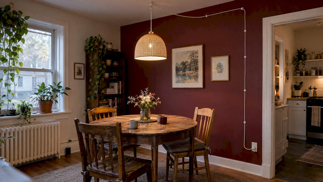 Plug-in pendant hanging above a rental dining table