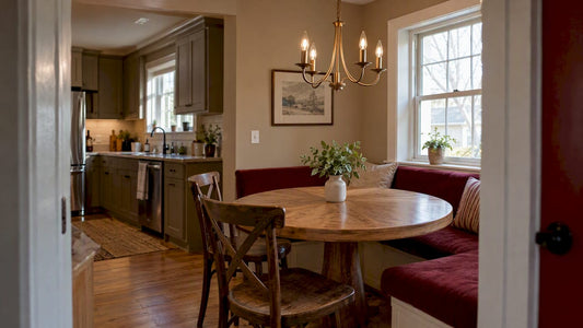 Chandelier centered over a breakfast nook table