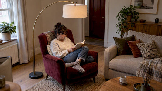 Arc floor lamp positioned over a living room chair