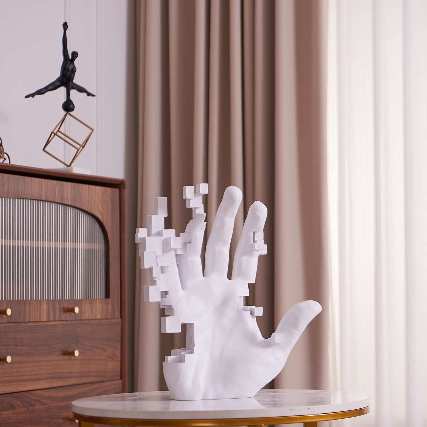 Matte white resin hand sculpture with abstract pixel design
