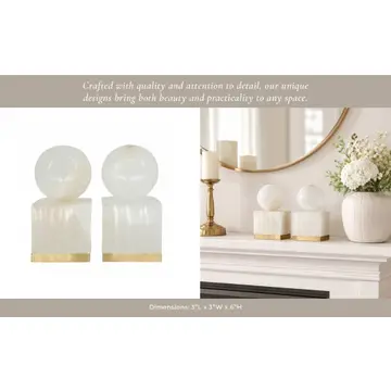 Sculptures Set of 2 - White Marble Orb On Metal Base, 6 in.