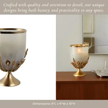 Candle Holder - Gold Glass Metal Frame Hurricane, 15 in.