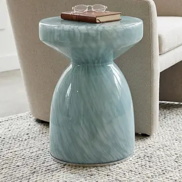 Side Table - Teal Glass Artistic with Pedestal Frame, 20 in.