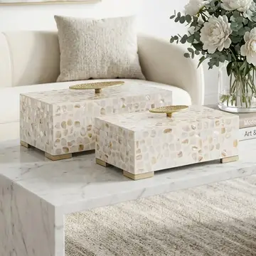 Box Set of 2 - Ivory Shell Inlay with Gold Lid, 12/14 in.