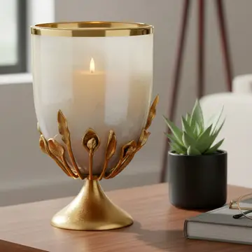 Candle Holder - Gold Glass Metal Frame Hurricane, 15 in.